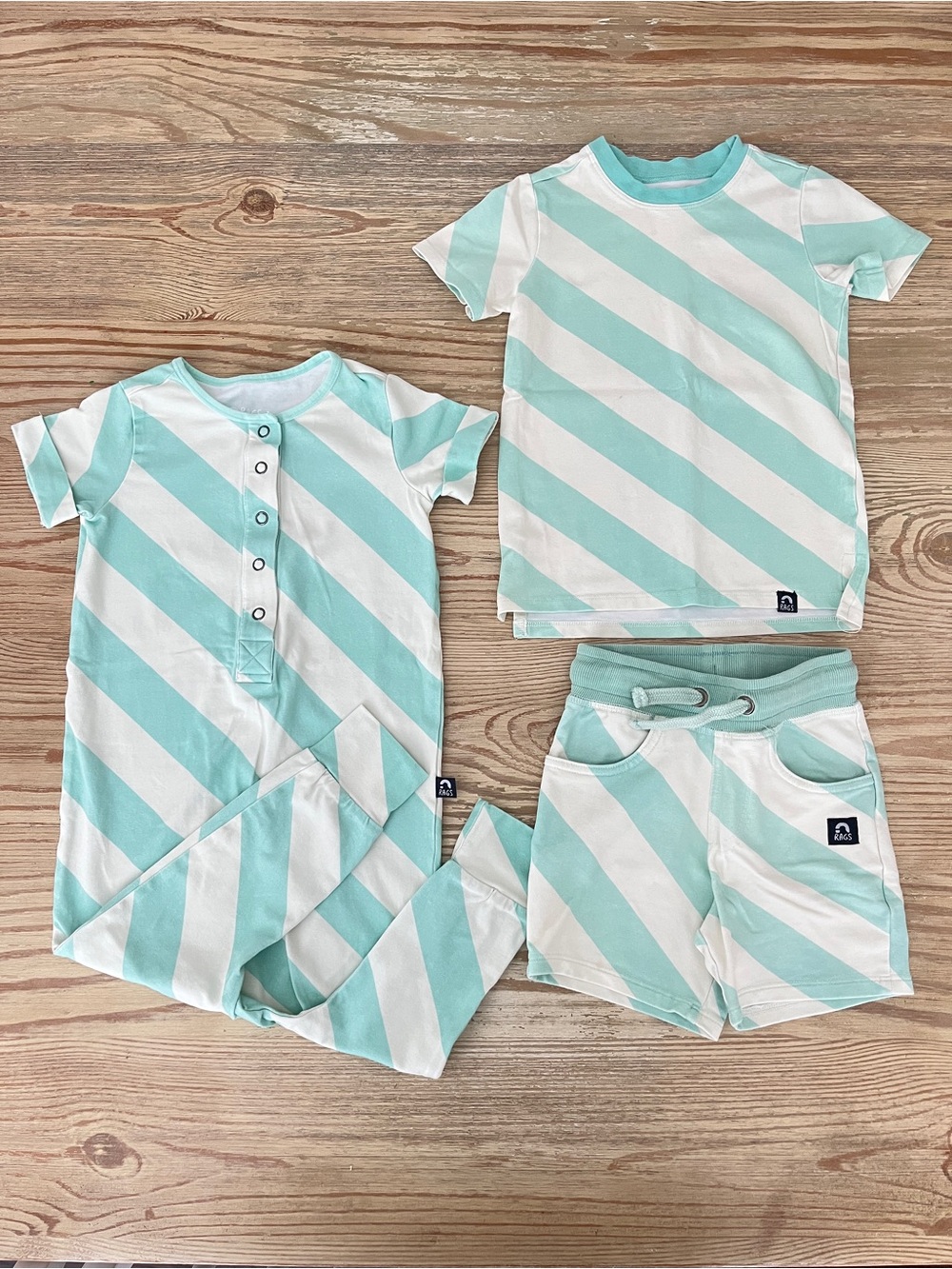 RAGS Mint & White Diagonal Stripe Kids Bundle - Tee, Shorts & Romper